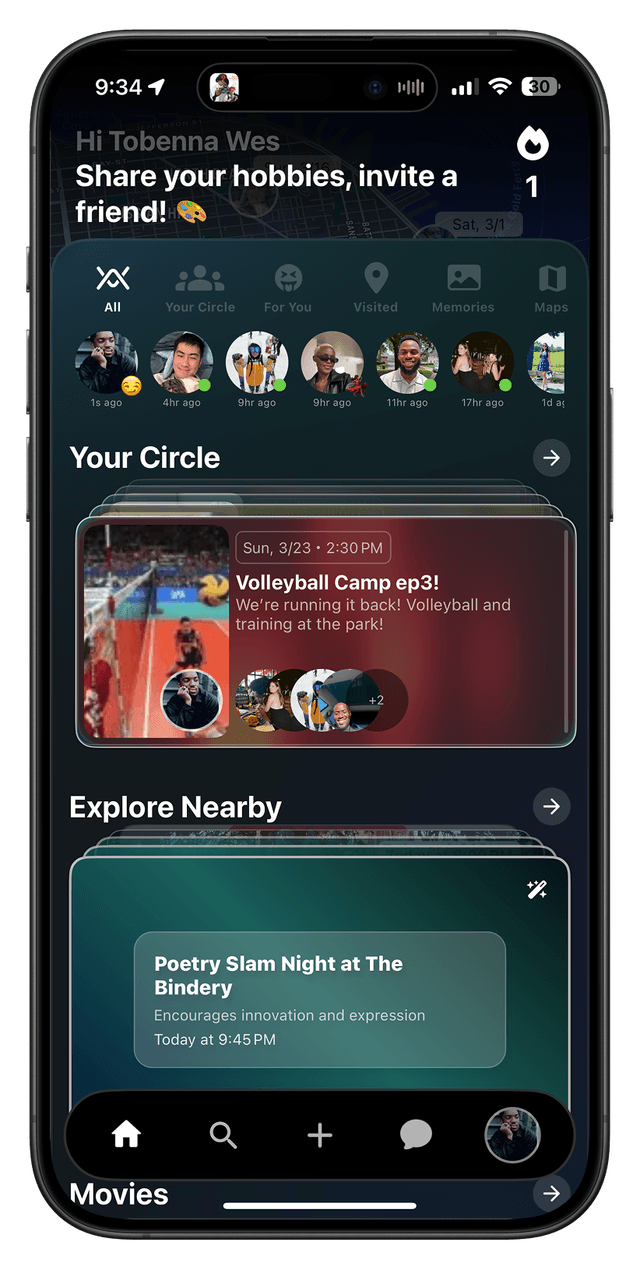 Screenshot of TheMove app interface showing event planning features